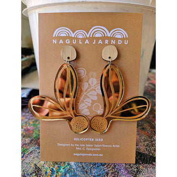 A pair of stud drop earrings shaped like helicopter seeds in a gold mirror design.