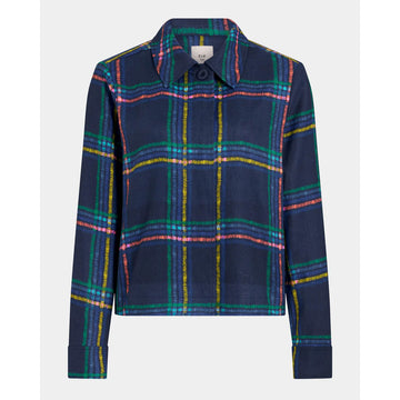 Navy plaid jacket with colorful accents on a white background.