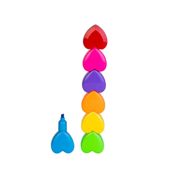 A set of heart shaped stack-able highlighters in blue, red, pink, purple, orange, yellow and green. 