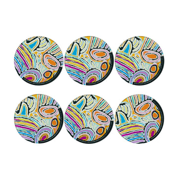 Six glass coasters printed with artwork by Judy Watson.
