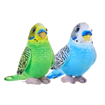 A pair of soft toys shaped like budgies. One is green and the other is blue.
