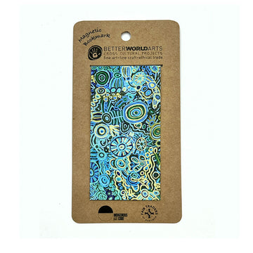 A magnetic bookmark printed with artwork in green and blue by Cedric Varcoe on a brown card.