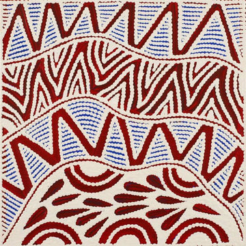 A square painting featuring red zig zags, leaves and arches on a blue and white striped background.