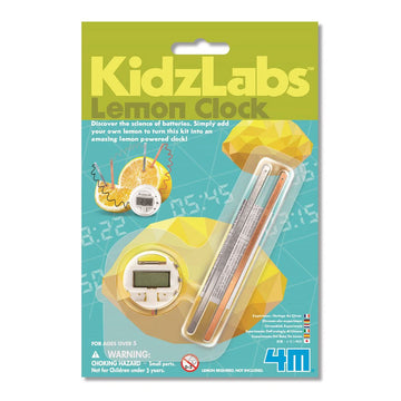 A product information card titled 'KidzLabs Lemon Clock' with metal sticks and a digital clock device attached to the card.