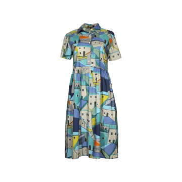 Colorful patterned dress on a white background.