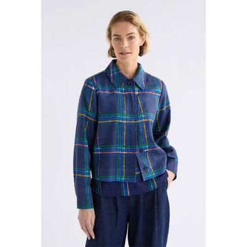 Navy plaid jacket with colorful accents on a white background.