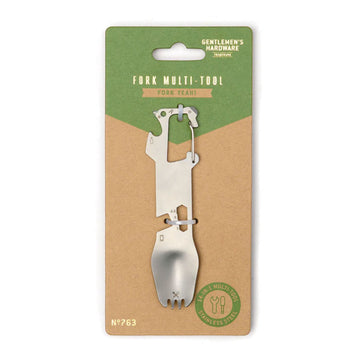 A multi tool with a fork on the end attached to a brown and green card.