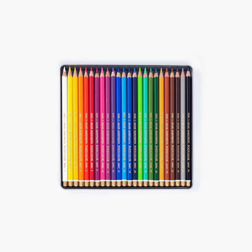 A tin of 24 coloured pencils with a picture of the coloured pencils and an artistic drawing.