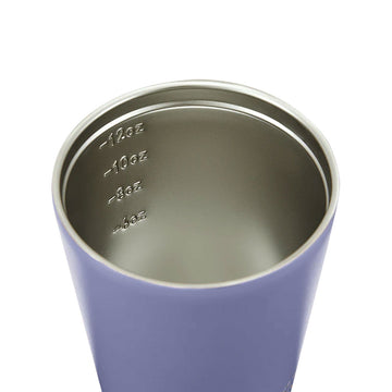 A reusable coffee cup in grape purple with a black lid and the text 'Made by Fressko' along the bottom.
