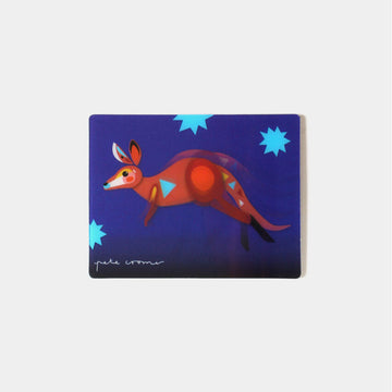 A rectangle magnet with a moving image of a kangaroo against a blue background.