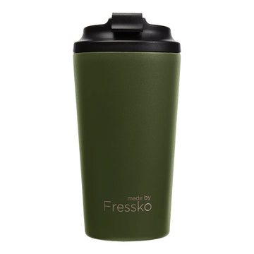 A tall travel mug in khaki green with a black lid and the text 'made by Fressko' on the bottom.