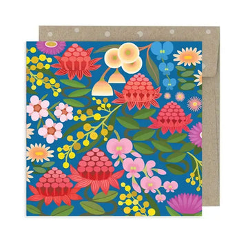 A square greeting card illustrated with flowers on a blue background.