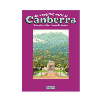A magnet illustrated with Mount Ainslie and the War Memorial in Canberra by Trevor Dickinson attached to a purple card.