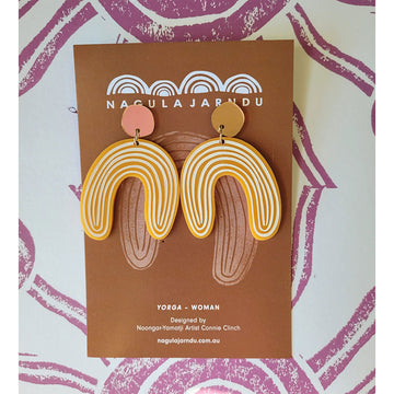 A pair of drop stud earrings featuring an arch shape in yellow attached to a brown card.