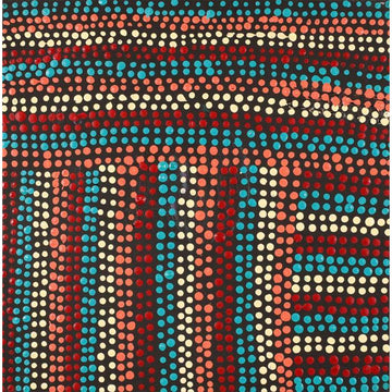 A square painting featuring vertical and horizontal lines made up of red, blue, cream and pink dots.