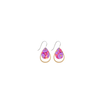 A pair of drop earrings with a tear drop shape printed with floral artwork.