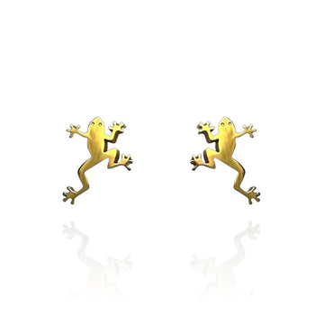 A pair of gold stud earrings in shape of a frog.