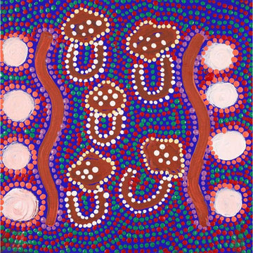 A square painting featuring brown shapes on a red, green and purple dotted background.