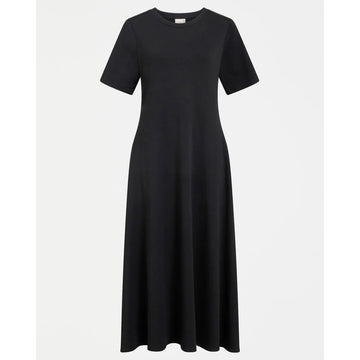 Black short sleeve dress on a white background.