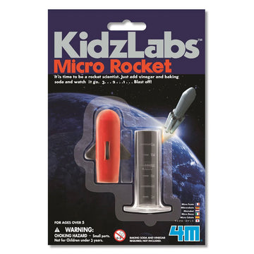 A product card titled 'KidzLabs Micro Rocket' with a rocket toy attached to the card.