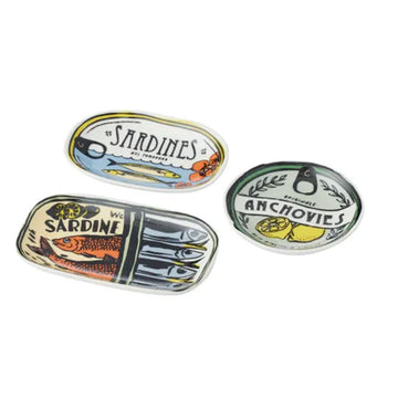 Three decorative ceramic trays with fish illustrations and text on a white background.