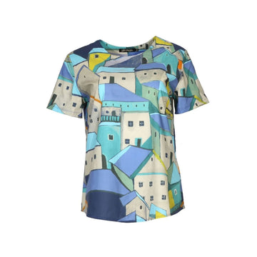 Colorful t-shirt with abstract village design on a white background.