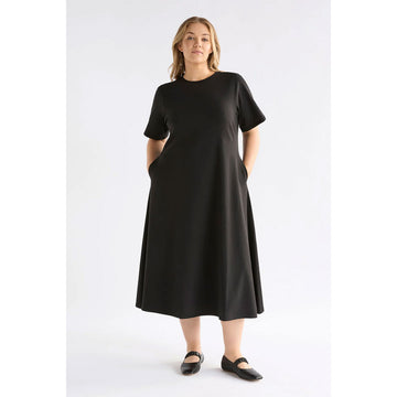 Black short sleeve dress on a white background.