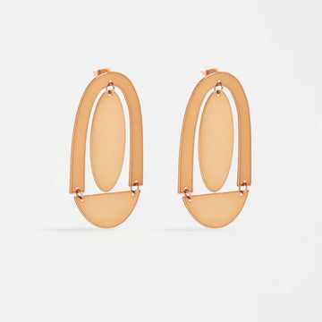 A pair of stud earrings with a large arch and circle shape in bronze.