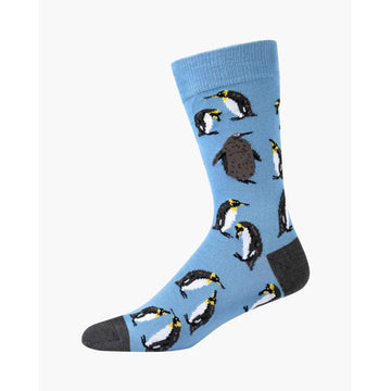Blue sock with penguin pattern on a white background.