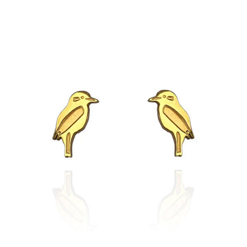A pair of gold stud earrings shaped like kookaburras.