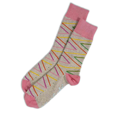 A pair of grey socks with a pink heel, toe and cuff and printed with a colourful zig zag print.