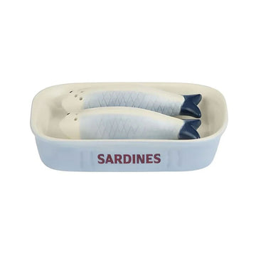 Ceramic container with sardine shaped salt and pepper shakers on a white background.