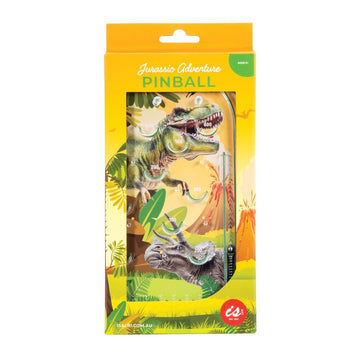A toy pinball game with two dinosaur images inside a box.