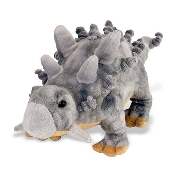An ankylosaurus dinosaur plushie in grey.
