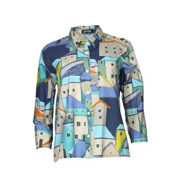 Colorful patterned shirt with geometric design on a white background.