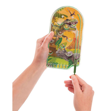 A toy pinball game with two dinosaur images inside a box.
