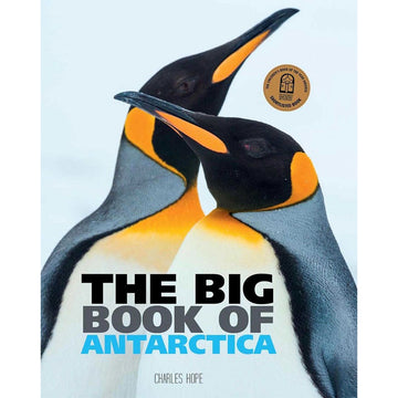 Book cover of 'The Big Book of Antarctica' with two penguins on a light blue background.