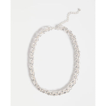 Silver chain necklace on a white background.