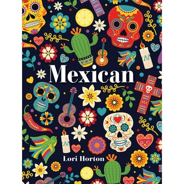 'Mexican' book cover featuring a dark blue background covered with illustrations of flowers, birds, guitars, crosses and skulls.