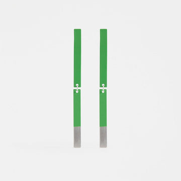 A pair of drop earrings made up of two narrow green rectangles linked together. The bottom end of the rectangle is silver.
