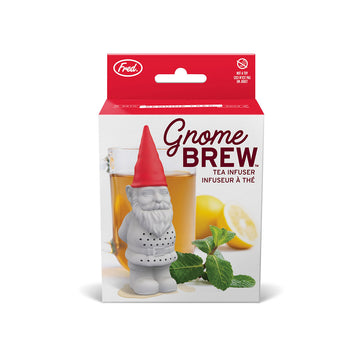 A box titled 'Gnome Brew' with a photo of a gnome shaped tea infuser in front of a glass of tea.