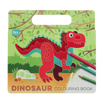 Dinosaur coloring book with red dinosaur illustration on a green background.