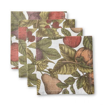 A set of four fabric napkins illustrated with fruits and leaves.