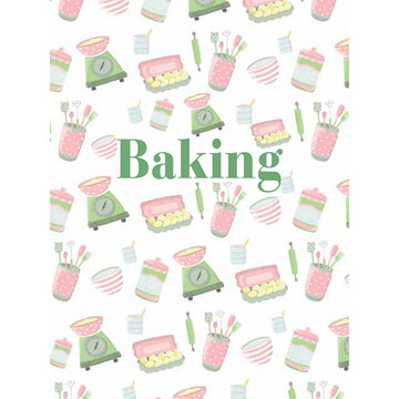 'Baking' book cover featuring a repeating pattern of cooking appliances and tols including a rolling pin, scales and mixing bowls.