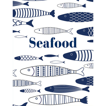 'Seafood' book cover featuring illustrations of blue and white fish each with a different pattern on a white background.