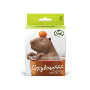 A box titled 'Capybarahhhh Tea Infuser' with a photo of a capybara shaped tea infuser in a glass of tea.