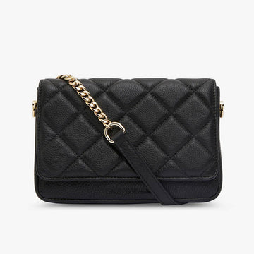 Front view of a quilted cross body bag in black with a chain and leather strap diagonally across the bag.