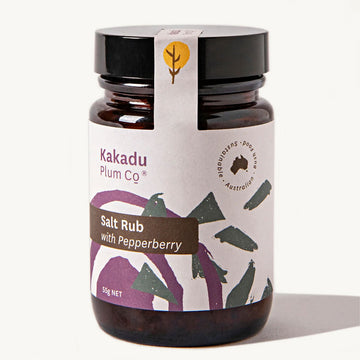 A jar filled with a large product label with the text 'Salt Rub with Pepperberry'.