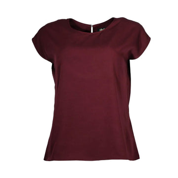 Maroon short sleeve top on a white background.