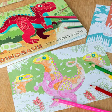 Dinosaur coloring book with red dinosaur illustration on a green background.